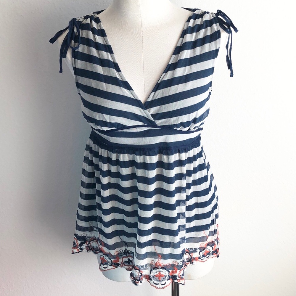 Zara Striped Sleeveless Babydoll Embroidery Blouse